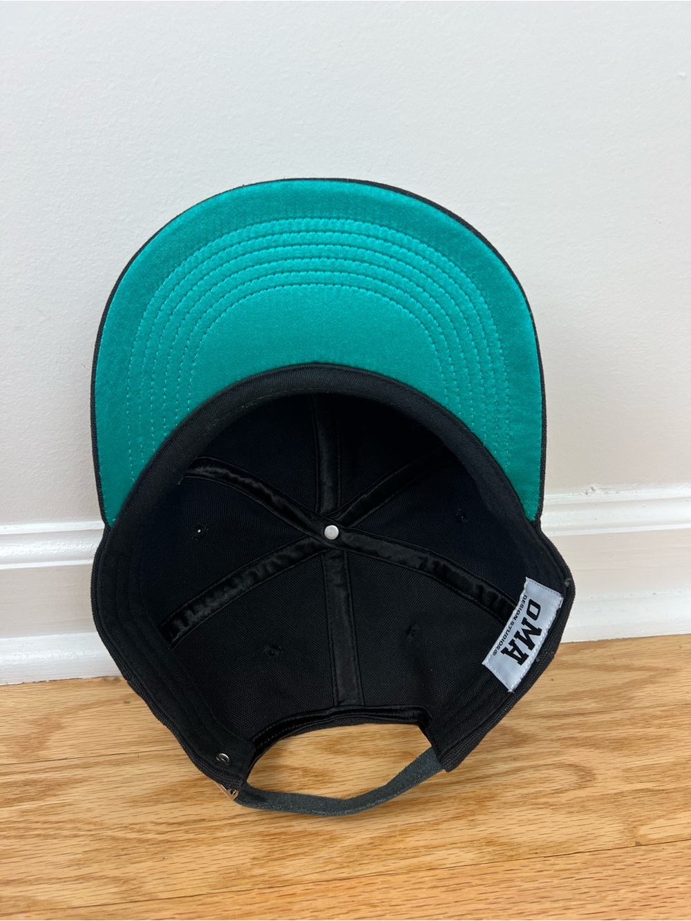 oMA Studios Black NY 5-Panel Hat with Teal Underbrim and Leather Strapback - Picture 6 of 8